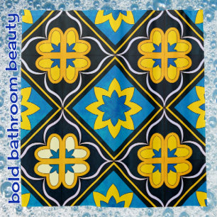 Fett Blumenblau Schwarz Golden Yellow Tile Muster Duschvorhang