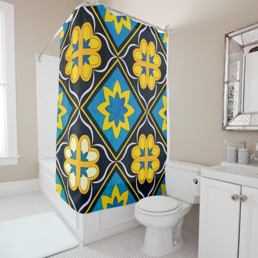 Fett Blumenblau Schwarz Golden Yellow Tile Muster Duschvorhang (Beispiel)
