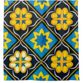 Fett Blumenblau Schwarz Golden Yellow Tile Muster Duschvorhang (Vorderseite)