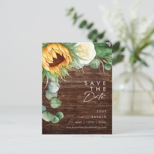 Fett Country Sunflower Script | Holz Save the Date Einladungspostkarte (Stehend Vorderseite)