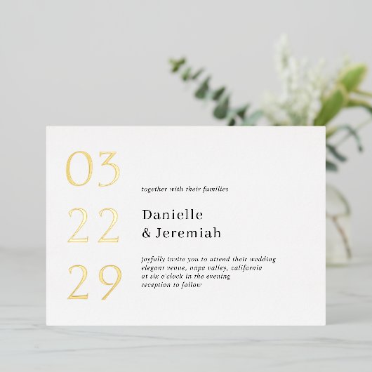 Fett Date Clean Minimal Elegante Moderne Hochzeit Folieneinladung (Stehend vorne)