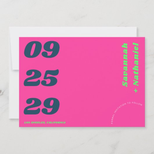 Fett Date Pink & Green Retro Foto Website Hochzeit Save The Date (Vorderseite)