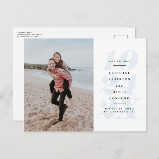 Fett Datumsblau Save the Date Foto Postkarte (Vorne/Hinten)