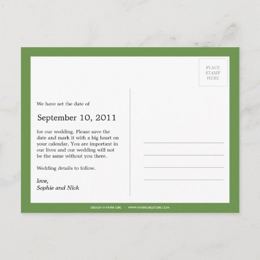 Fett Erinnerung Save the Date Postkarte (grün) (Rückseite)