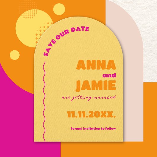 Fett farbenfrohe Retro Arch Wedding Save the Date Einladung