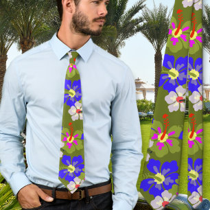 Fett gedruckte Hibiskus-Muster-Armee-Grüne Hochzei Krawatte