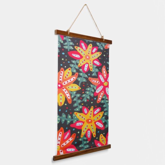 Fett Gelb und orange Blume Schwarz Wandteppich Mit Holzrahmen (Gewinkelt)