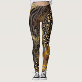 Fett gemischte Tierprägungen Gold-Akzente Leggings