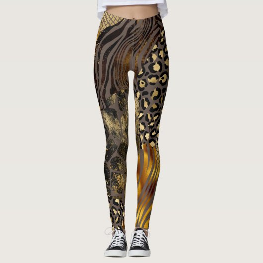 Fett gemischte Tierprägungen Gold-Akzente Leggings (Vorderseite)