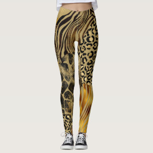 Fett gemischte Tierprägungen Gold-Akzente Leggings