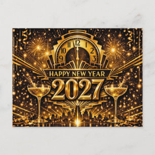 Fett Gold Art Deco Stadt Neujahr 2027 Feiertagspostkarte