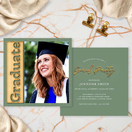 Fett Gold Sage Foto Abschluss Graduate Party Einladung