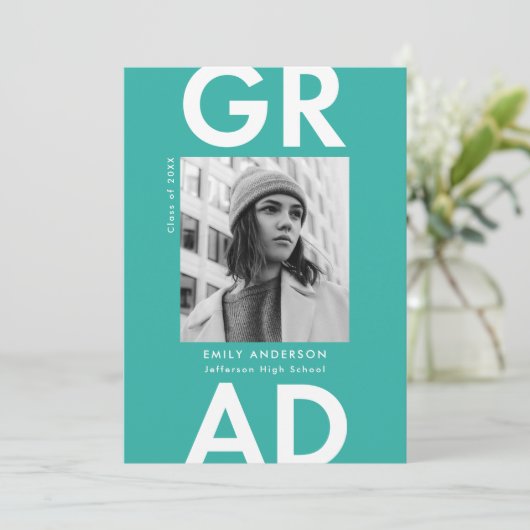 Fett Grad-Türkis-Foto-Graduierungspartei Einladung (Stehend Vorderseite)