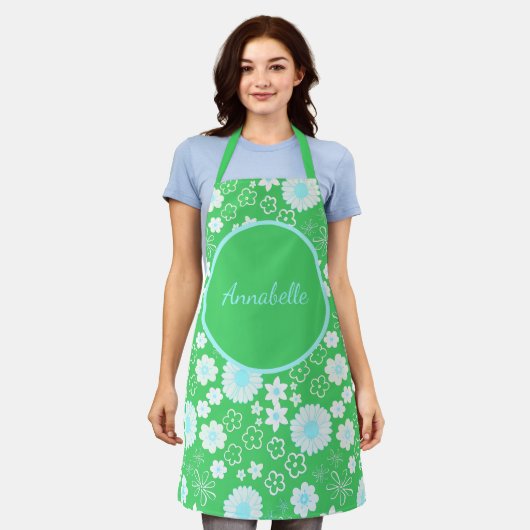 Fett grüne Blume Blumenmuster mit Namen Schürze (Getragen)