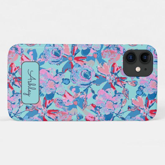 Fett handgestrichene blau-blaue Rosa Monogramm Case-Mate iPhone Hülle (Rückseite (Horizontal))