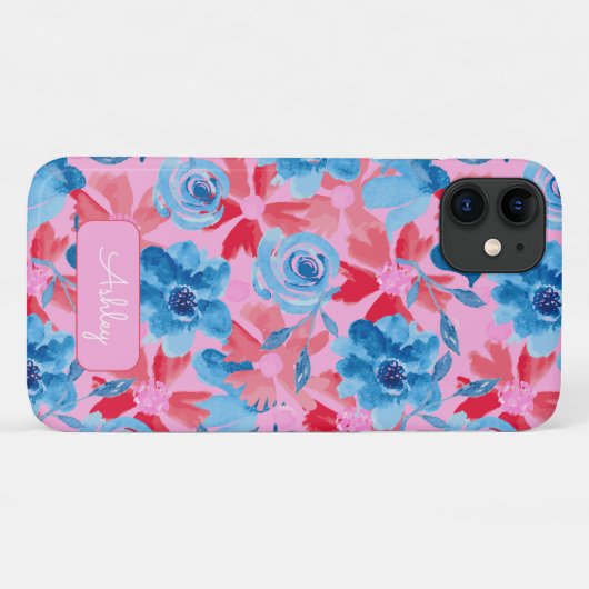 Fett handgestrichene blau-blaue Rosa Monogramm Case-Mate iPhone Hülle (Rückseite (Horizontal))