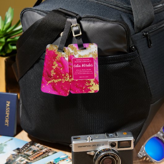 Fett Hot Pink Rot Marmor Weiße Imitate Gold Flakes Gepäckanhänger (Vorderseite & Rückseite)