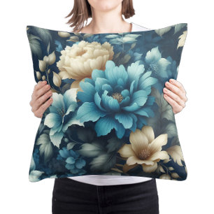 Fett in Blau und zarte Creme Florals Kissen