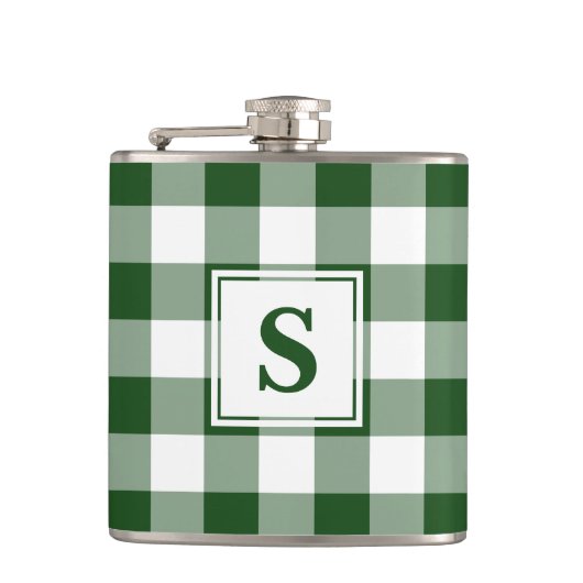 Fett Kariertes, grün-weißes Muster mit Monogramm Flachmann (Vorderseite)