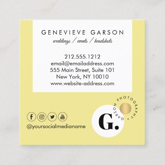 Fett kreatives Monogram Logo Gelbe Soziale Medien Quadratische Visitenkarte (Rückseite)