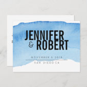 Fett Minimal BLUE Wasserfarbe SAVE THE DATE BLACK Ankündigungspostkarte (Vorne/Hinten)