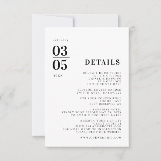 Fett Minimal Trending Wedding Details Card RSVP Karte (Vorderseite)