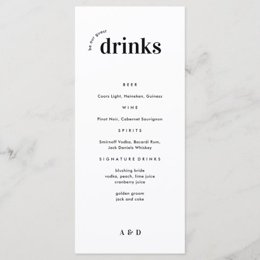 Fett Minimalistisches Hochzeitmenü und Bar Menu Menükarte (Rückseite)