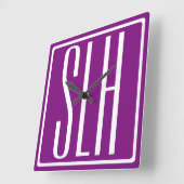 Fett Modern 3 Initialen Monogramm | Weiß und Lila Quadratische Wanduhr (Winkel)