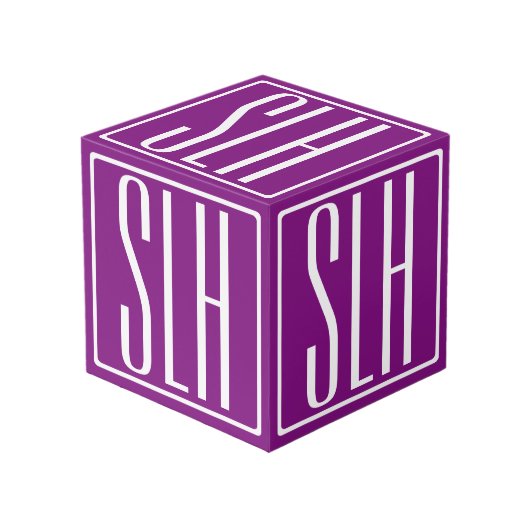 Fett Modern 3 Initialen Monogramm | Weiß und Lila Würfel (Vorderseite Schrägansicht)