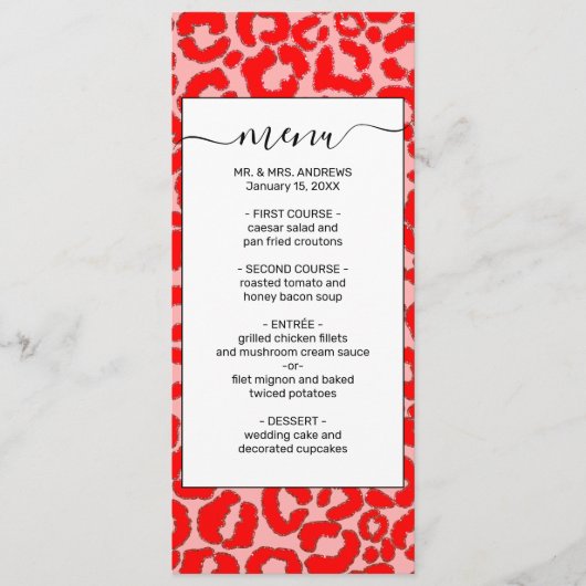 Fett Modern Red Roink Leopard Animal Print Menükarte (Vorderseite)