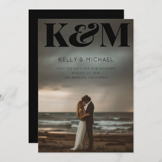 Fett Monogram Black Initials Modernes Foto Hochzei Save The Date (Vorne/Hinten)