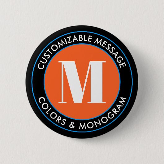 Fett Monogramm & Text | Schwarz Weiß Orange & Blau Button (Vorderseite)