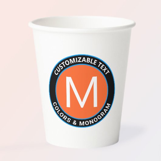 Fett Monogramm und Text | Schwarz-weiß Orange & Bl Pappbecher