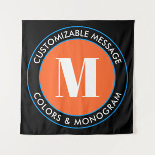 Fett Monogramm und Text Schwarz-weiß Orange & Bl Wandteppich