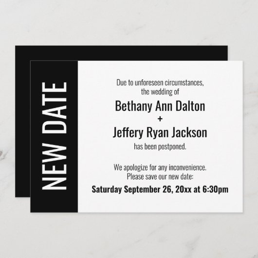 Fett neues Datum, vertagte Hochzeitsankündigung Einladung (Vorne/Hinten)