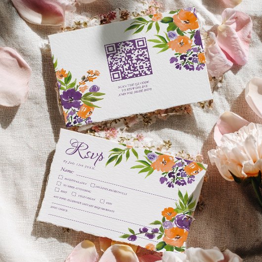 Fett orange und violette florale QR-Code-Hochzeit RSVP Karte