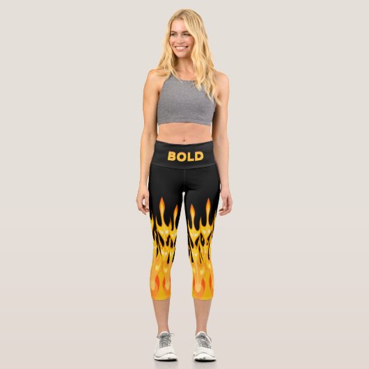 Fett orangegelbes Feuer Flammen schwarz Capri Leggings (Vorderseite)