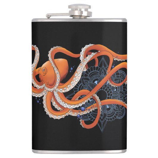 Fett oranges hypnotisierendes Octopus-Mandala  Flachmann (Vorderseite)