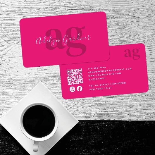 Fett QR Code Hot Pink Monogram Script Social Media Visitenkarte