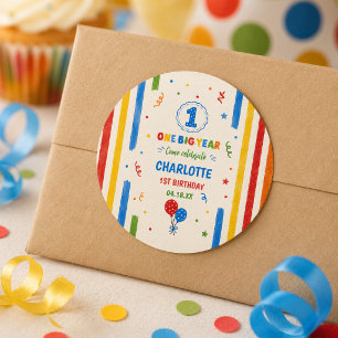 Fett Regenbogen Ein großes Jahr 1. Geburtstagsfeie Runder Aufkleber
