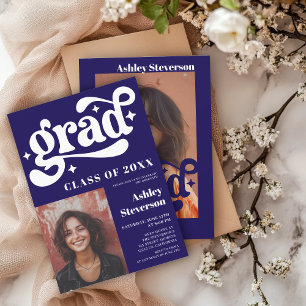 Fett Retro Blue Groovy 2 Fotos Graduation Party Einladung