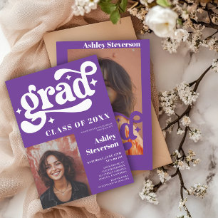 Fett Retro Lila Groovy 2 Fotos Graduierungsparty Einladung