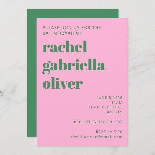 Fett Retro rosa und grünes Niedliches Bat Mitzvah Einladung (Vorne/Hinten)