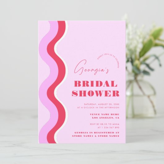 Fett Retro Wave Stripes Rosa und Rotes Brautparty Einladung (Stehend Vorderseite)