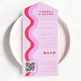 Fett Retro Waves Pink & Red QR Code UAWG Wedding All In One Einladung