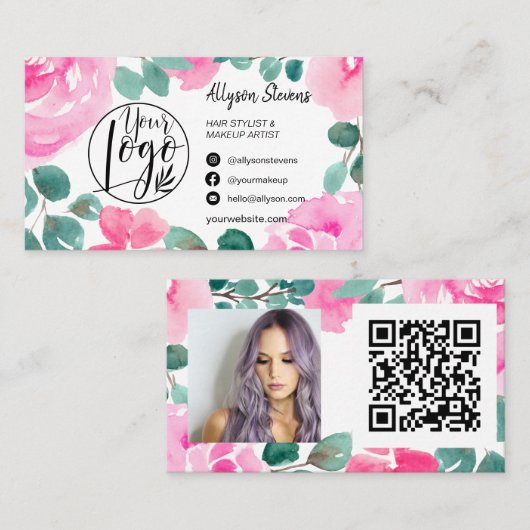 Fett rosa Blumenhaar Make-up Foto Logo qr Visitenkarte (Vorne/Hinten)
