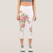 Fett rosa Cabbage-Rose auf weißem Hintergrund Capri Leggings (Vorderseite)