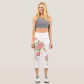 Fett rosa Cabbage-Rose auf weißem Hintergrund Capri Leggings (Vorderseite)