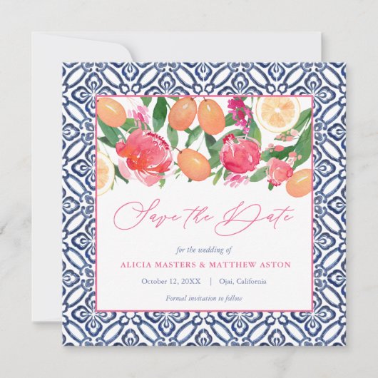 Fett rosa Florals mit Zitrusfrüchten und spanische Save The Date (Vorderseite)