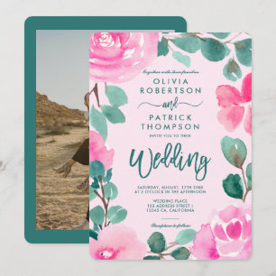 Fett rosa grüne florale Foto Hochzeit Einladung